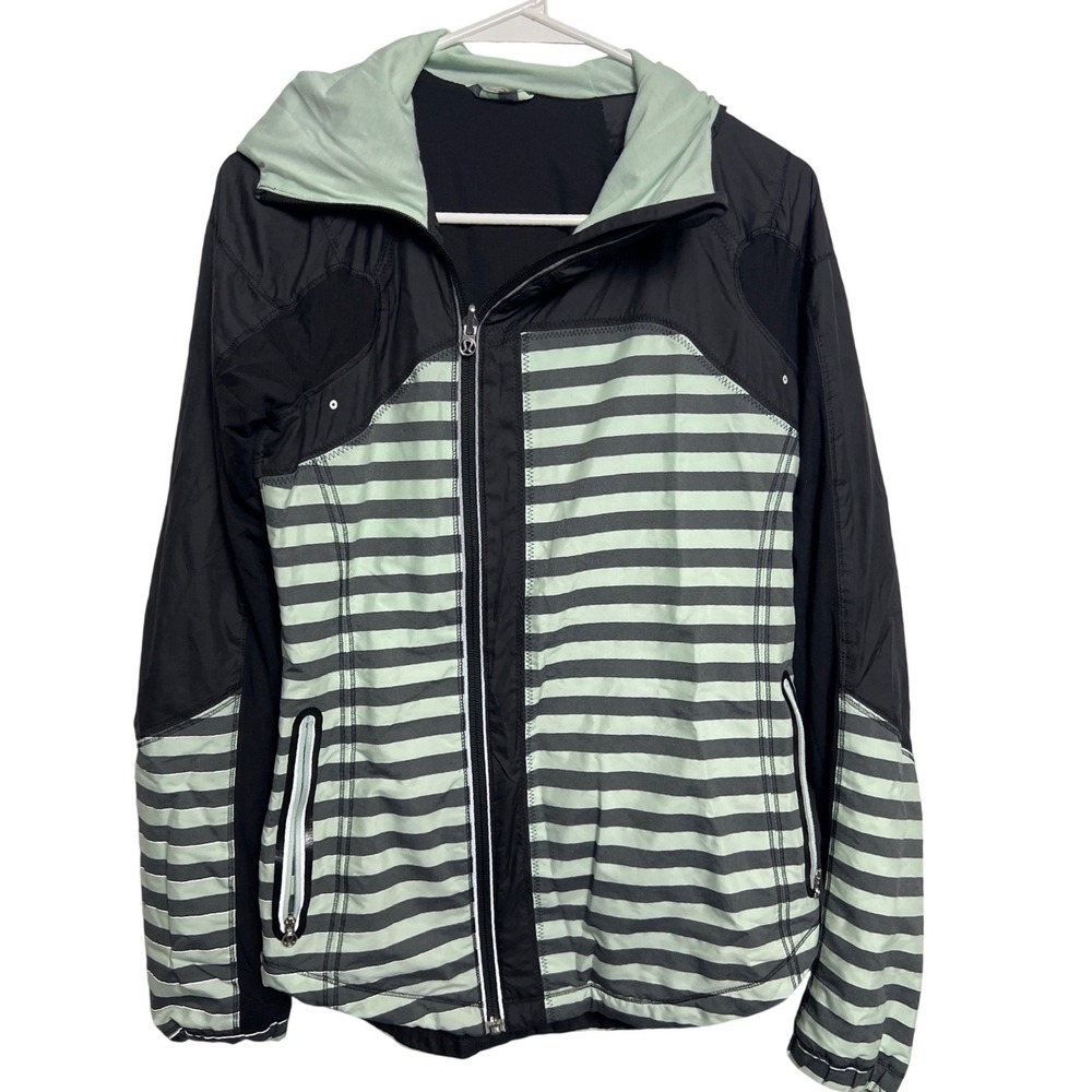 Lululemon Hooded Running Jacket Black Mint Green Striped Full Zip 4 Athleisure